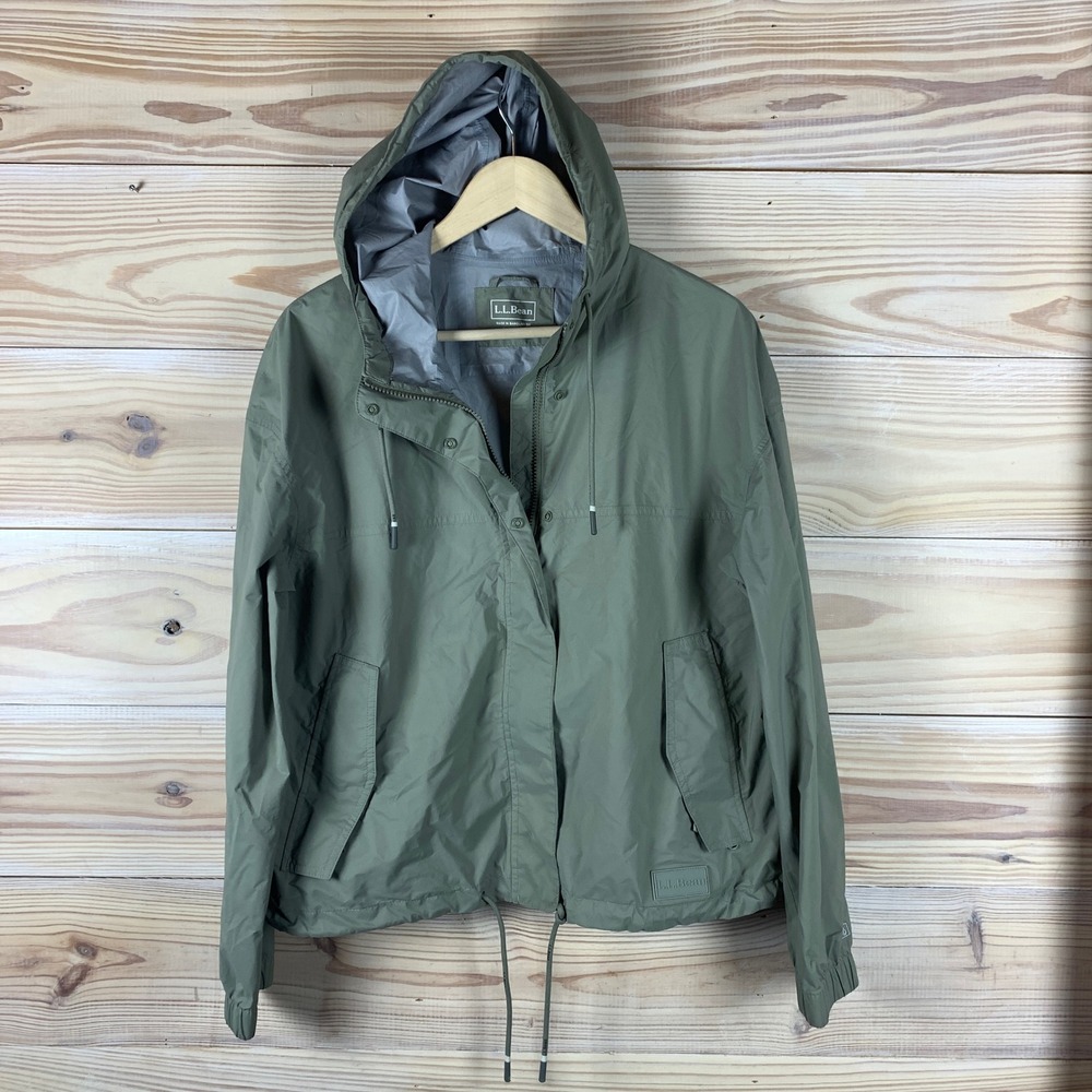 LL Bean Windbreaker Jacket Women L Green Crop TEK Recycle Nylon Hooded Rain Coat